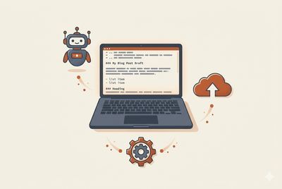 A laptop with a blog post draft, surrounded by AI and static site generator icons